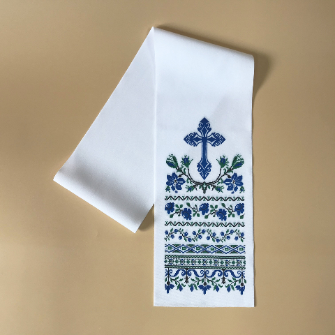 Від 10 шт. - Рушник з хрестом 140*14 (синій) – габардиновий, для обрядів та церковних подій
