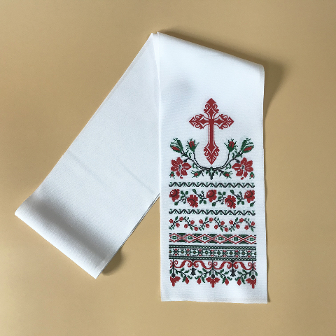 Від 10 шт. - Рушник з хрестом 140*14 (червоний) – габардиновий, для обрядів та церковних подій