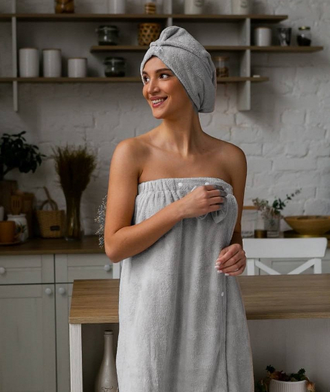 Рушник-халат з шапочкою (сірий)  – для душу, лазні, SPA, 140×80 см