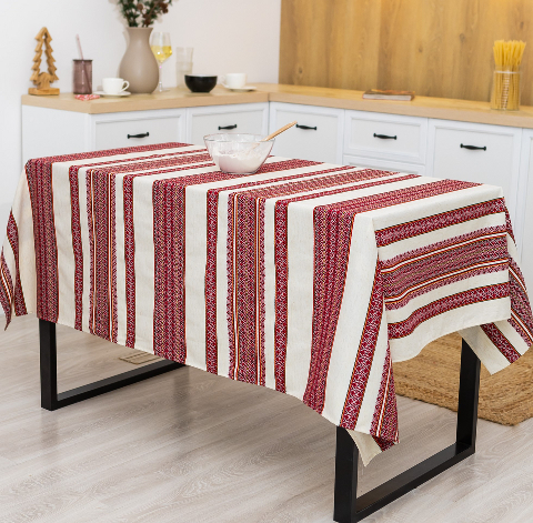 Скатертина з українським вишитим орнаментом, напівбавовна 150 Х 150 см – етностиль для дому та свят (мст3-1-12)