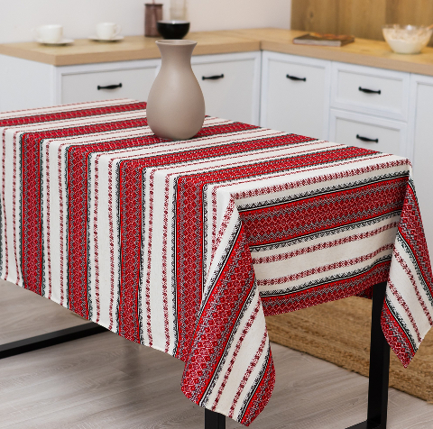 Скатертина з українським вишитим орнаментом, напівбавовна 180 Х 150 см – етностиль для дому та свят (мст1-1-18)