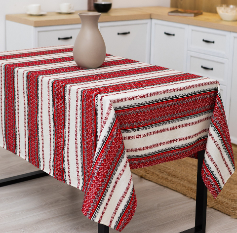 Скатертина з українським вишитим орнаментом, напівбавовна 220 Х 150 см – етностиль для дому та свят (мст1-1-22)