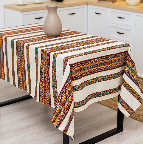 Скатертина з українським вишитим орнаментом, напівбавовна 220 Х 150 см – етностиль для дому та свят (рнд1-17-22)