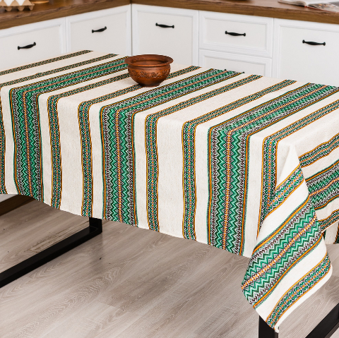Скатертина з українським вишитим орнаментом, напівбавовна 220 Х 150 см – етностиль для дому та свят (рнд1-21-22)