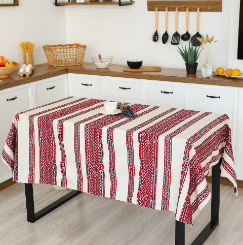 Скатертина з українським вишитим орнаментом, напівбавовна 180 Х 150 см – етностиль для дому та свят (рнд1-1-18)