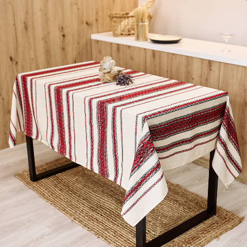 Скатертина з українським вишитим орнаментом, напівбавовна 220 Х 150 см – етностиль для дому та свят (кет1-1-22)