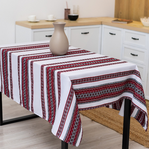 Скатертина з українським вишитим орнаментом, напівбавовна 220 Х 150 см – етностиль для дому та свят (анс1-1-22)
