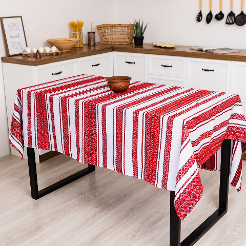 Скатертина з українським вишитим орнаментом, напівбавовна 180 Х 150 см – етностиль для дому та свят (анс7-1-18)