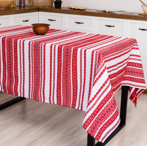 Скатертина з українським вишитим орнаментом, напівбавовна 220 Х 150 см – етностиль для дому та свят (анс6-3-22)