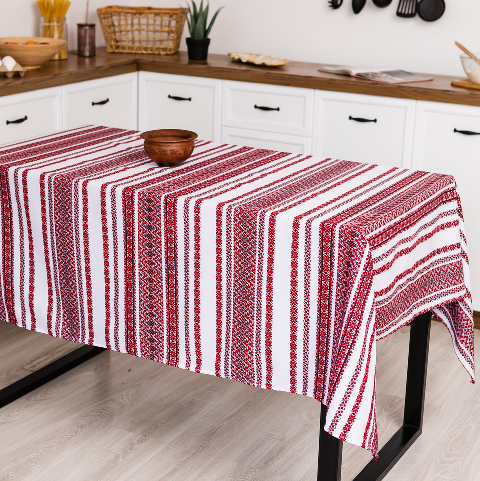 Скатертина з українським вишитим орнаментом, напівбавовна 150 Х 150 см – етностиль для дому та свят (анс6-1-15)
