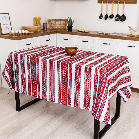 Скатертина з українським вишитим орнаментом, напівбавовна 220 Х 150 см – етностиль для дому та свят (анс3-1-22)