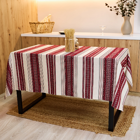 Скатертина з українським вишитим орнаментом, напівбавовна 150 х 150 см – етностиль для дому та свят (мст6-1-15)