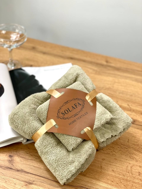 Комплект рушників однотонний Solafa (мікрофібра) оливковий – банний 140×70 см + для обличчя 35×75 см