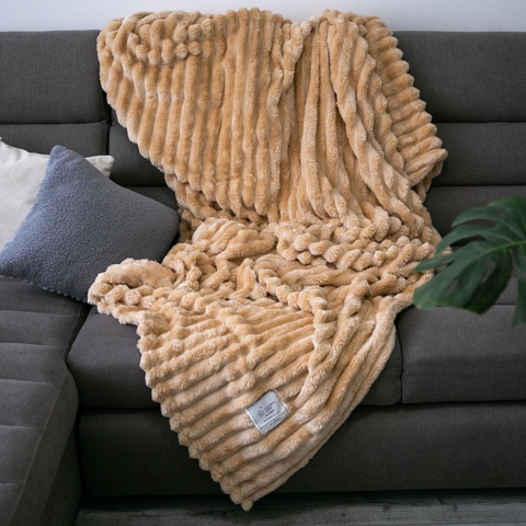 Покривало велюрове полоса (бежеве) 200 х 220 см - м’яке і елегантне