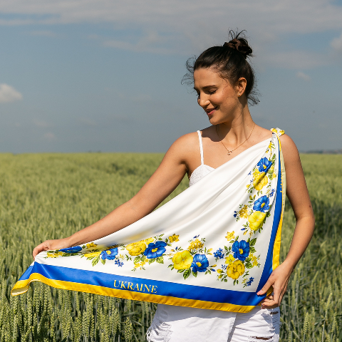 Хустка патріотична (атлас) 90 х 90 см (С90150-8) – стиль з українським характером