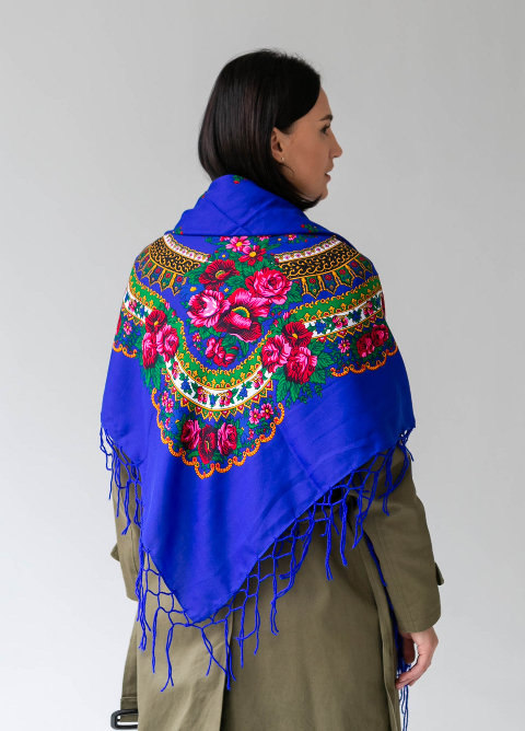 Хустка вовняна з бахромою 120 х 120 см. (синя) - традиційна, жіноча класика