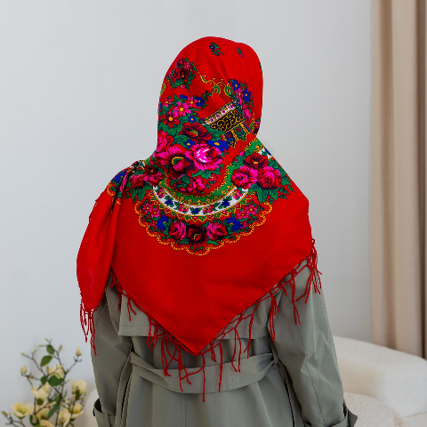 Хустка вовняна з бахромою 120 х 120 см. (червона) - традиційна, жіноча класика